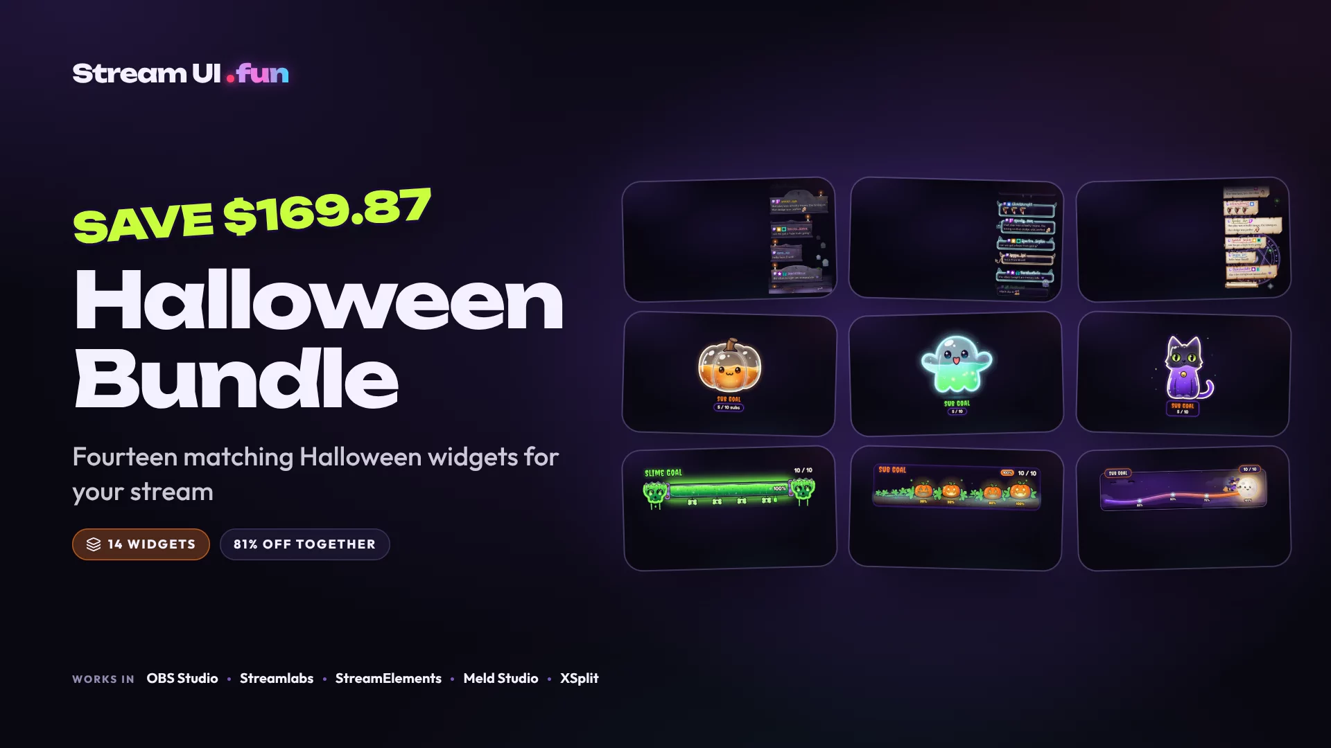 Collage of the Halloween Bundle widgets, including tombstone, neon and parchment chat boxes, with the set name.